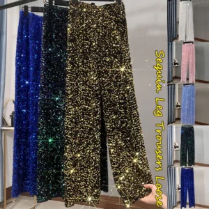 New Korean Velvet Sequined Wide-leg Pants Autumn and Winter Lengthened Slim Elastic High Waist Casual Party Straight Pants Shiny - Image 3