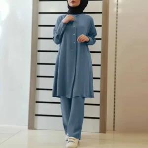 Muslim 2 Piece Set Women Casual Blouse Single Breasted Top Wide Leg Pants Suit Morocco Dubai Trousers Outfits Arab Ensemble - Image 4