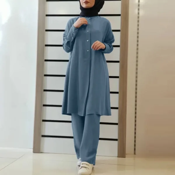 Muslim 2 Piece Set Women Casual Blouse Single Breasted Top Wide Leg Pants Suit Morocco Dubai Trousers Outfits Arab Ensemble - Image 4