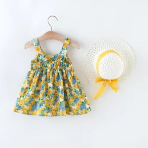 2Pcs/Set Flowers Baby Girl Dresses Summer Fashion Toddler Children Clothes Beach Smooth Dress Kid's Costume Hat 0 To 3 Y - Image 4