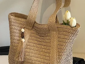 Fashion Large Capacity Fringe Pendant Handmade Straw Handbag Women Holiday Beach Casual Tote Top-Handle Bags Retro Shoulder Bags