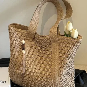 Fashion Large Capacity Fringe Pendant Handmade Straw Handbag Women Holiday Beach Casual Tote Top-Handle Bags Retro Shoulder Bags