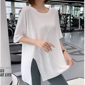 Women's yoga sports short sleeved, split quick drying loose cover shirt, thin yoga T-shirt, plus size fitness top - Image 5