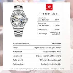 OLEVS Fully Hollow Watch for Women Automatic Mechanical Women's Watches Luminous Luxury Stainless Steel Diamond Inlay Wristwatch - Image 3