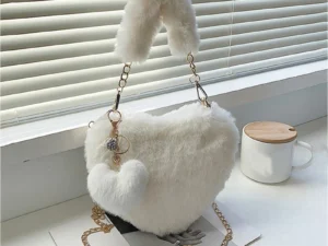 Faux Fur Heart-shaped Women Small Handbags Fluffy Plush Ladies Chain Shoulder Bag Fashion Female Furry Daily Clutch Purse
