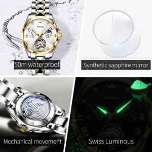 OUPINKE 3202 Women Watch Original Tungsten Steel Moon Phase Waterproof Watch Luxury Swiss Brand Women Automatic Mechanical Watch - Image 6