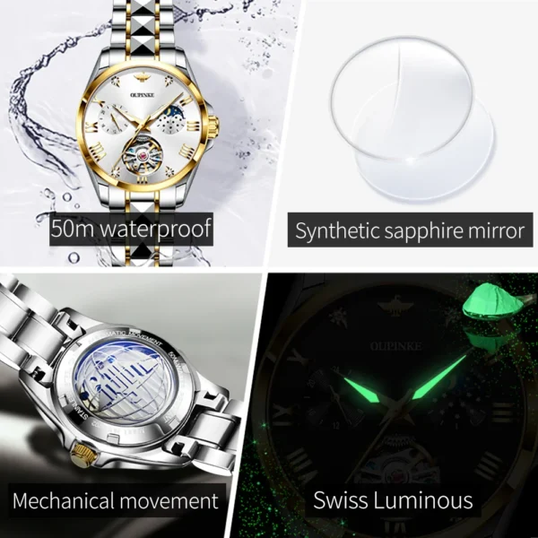 OUPINKE 3202 Women Watch Original Tungsten Steel Moon Phase Waterproof Watch Luxury Swiss Brand Women Automatic Mechanical Watch - Image 6