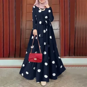 New Muslim Casual Large Polka Dot Print round Neck Overhead Long Sleeve Belted Full Skirt Long Robe Dress Elegant Women's Wear - Image 5