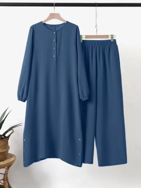 Arab Women Eid Muslim Two Pieces Set Blouse & Wide Leg Pant Musulman Ensemble Belt Single Button Shirt Ramadan Modest Clothing - Image 7