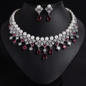 New Pearl Zirconia Drops Luxury Necklace Earrings Ladies Jewellery Set Necklace Earrings Party Wedding Gift Accessories M-306 - Image 4