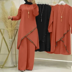 Women Eid Musulman Ensemble Muslim Sets Solid Blouses Wide Leg Pants Ramadan Morocco Two Pieces Dubai Kaftan Loose Modest - Image 4