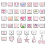 Sweet Pink Heart Bow Knot Flowers Butterfly Cats Italian Charm Links Fit 9mm Stainless Steel Bracelet Women DIY Making Gifts