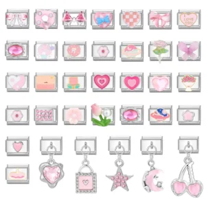 Sweet Pink Heart Bow Knot Flowers Butterfly Cats Italian Charm Links Fit 9mm Stainless Steel Bracelet Women DIY Making Gifts