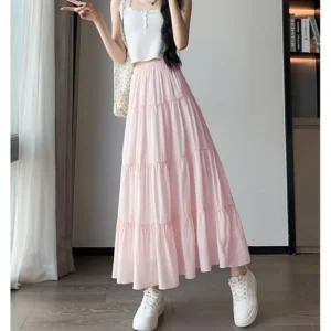 Summer New Women's Solid Color A- Line Midi Skirt Umbrella Skirt Long Cake Skirt Small Size Fashionable And Elegant - Image 4
