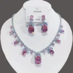 Luxury Waterdrop Pendant Jewelry Set Earring Pink Necklace For Women Bridal Wedding Exquisite Fashion Zircon Party Banquet Gift