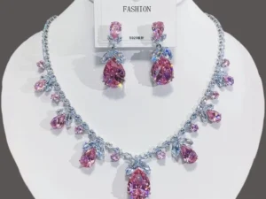 Luxury Waterdrop Pendant Jewelry Set Earring Pink Necklace For Women Bridal Wedding Exquisite Fashion Zircon Party Banquet Gift