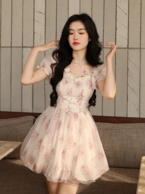Floral Sweet Fairy Bodycon Dresses for Women Elegant Party Print French Female Korean Fashion Cute Mini Dress Summer 2024 Pink - Image 6