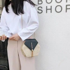Hexagon Mulit Style Straw+leather Handbag Women Summer Rattan Bag Handmade Woven Beach Circle Bohemia Shoulder Bag - Image 7