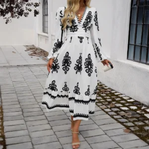 Elegant Print V-Neck A- Line Dress Women's Autumn Winter Fashion Dress Classy Skirt Elegant Style Cross-Border Clothing - Image 4