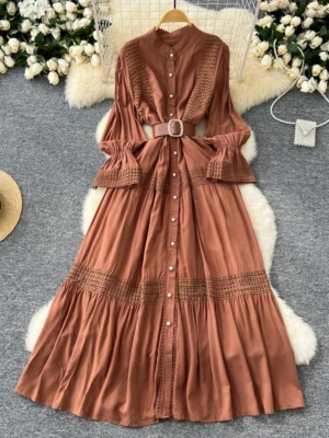 Ele Lace Trim A-Line Dr Women's Autumn Faion Retro Stand Collar Waist-Cinching Single Button Flared Long Skirt - Image 3
