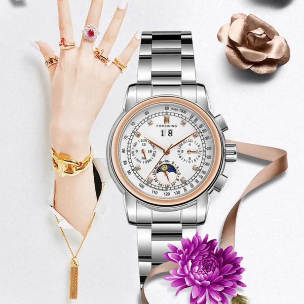 2024FORSINING Women Automatic Mechanical Fashion Luxury Wrist Watches Ladies Diamond Moon Phase Multifunctional Relogio Feminino - Image 6