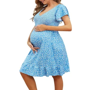 Maternity Summer Dress 2025 New Style Breathable V-neck Floral Loose Fit Comfortable Casual Short-Sleeve Dress Slim Waist Design - Image 3