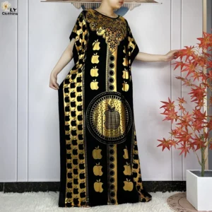 New Summer Short Sleeve Robe Cotton Loose Lady Dress With Big Scarf Gold Stamping Boubou Maxi Islam Women African Abaya Clothing - Image 7