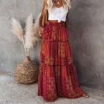 Combhasaki Women's Summer Bohemian Y2K Retro Drawstring Elastic High Waist Casual Loose A-Line Swing Long Skirt with Pockets