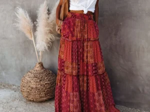 Combhasaki Women's Summer Bohemian Y2K Retro Drawstring Elastic High Waist Casual Loose A-Line Swing Long Skirt with Pockets