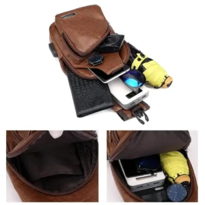 Simple and Fashionable Casual Solid Color PU Multifunctional USB Charging Zipper MEN'S Chest Bag Crossbody Bag for Commuting - Image 7