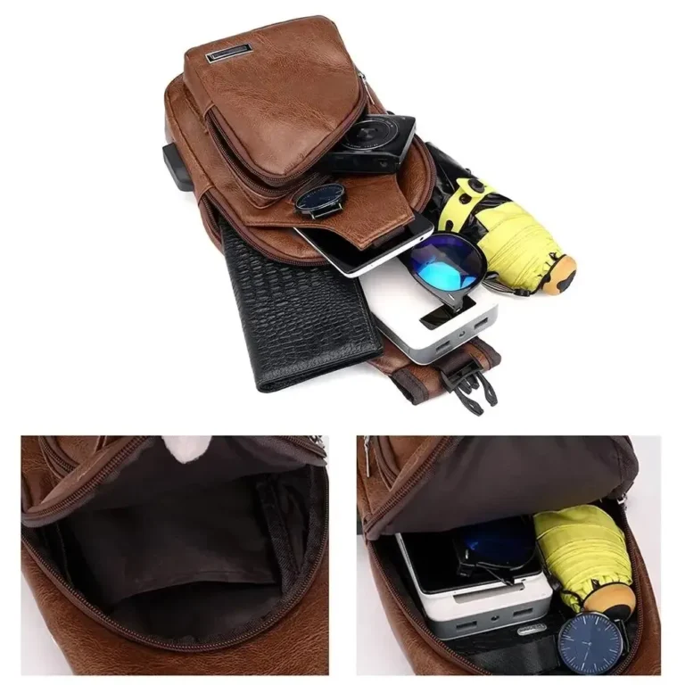 Simple and Fashionable Casual Solid Color PU Multifunctional USB Charging Zipper MEN'S Chest Bag Crossbody Bag for Commuting - Image 7
