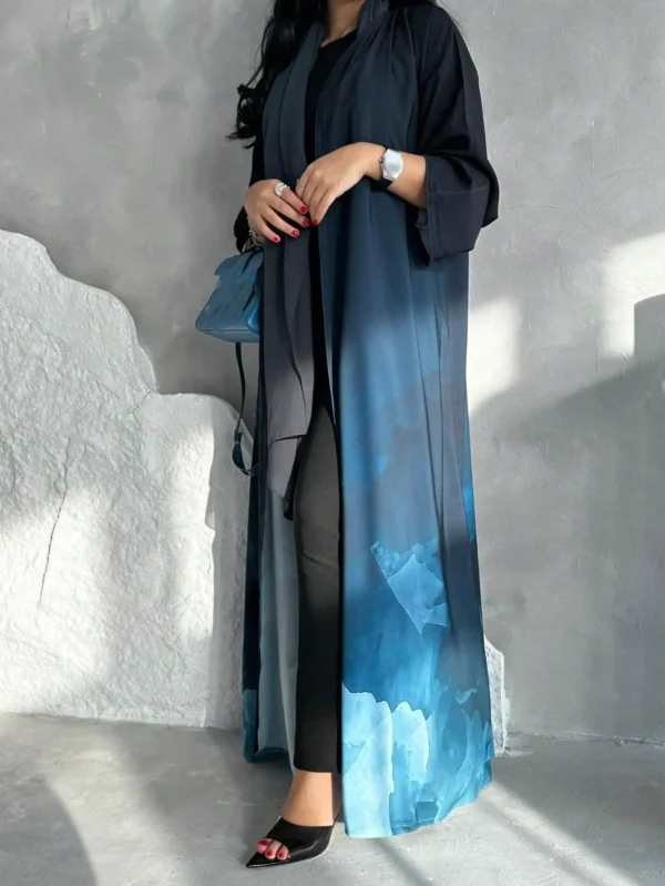 Elegant Middle East Tie Dye Abaya Turkey Robe Loose Open Front Traditional Dress Outerwear One Piece No Scarf Included - Image 7