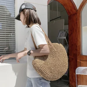 Summer Round Straw Women Vacation Woven Beach Shoulder Bag Large Capacity Hollow Out Simple Tote Bag - Image 4