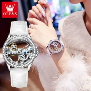 OLEVS Fully Hollow Watch for Women Automatic Mechanical Women's Watches Luminous Luxury Stainless Steel Diamond Inlay Wristwatch - Image 7