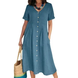 Women Button Blouse Dress Summer Female V Neck Short Sleeve Solid Color Cotton Linen Beachwear Holiday Loose Party Dresses - Image 6