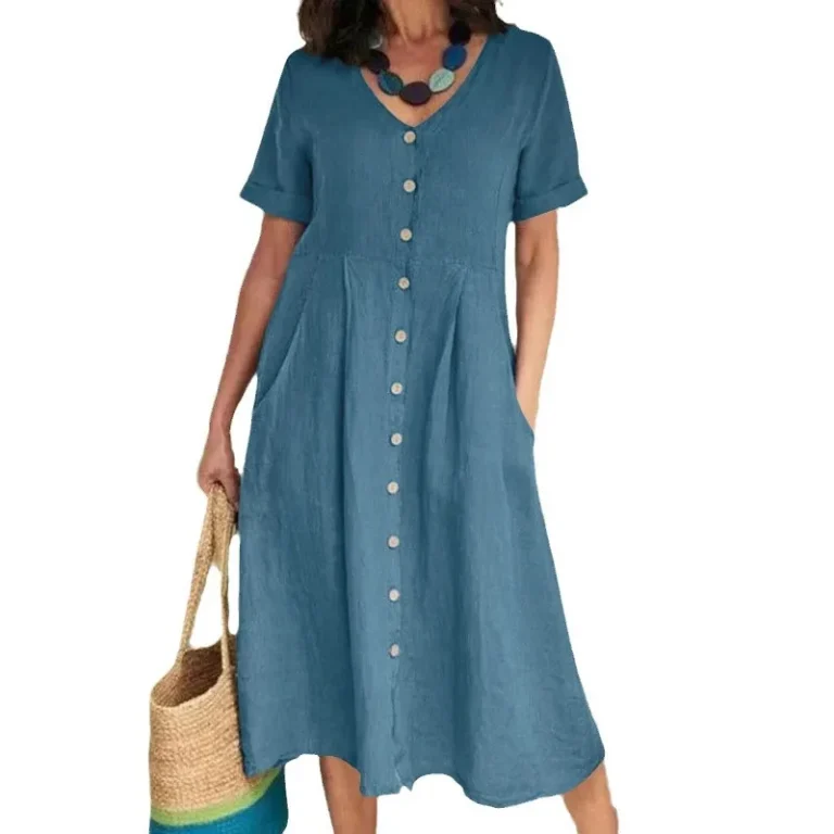 Women Button Blouse Dress Summer Female V Neck Short Sleeve Solid Color Cotton Linen Beachwear Holiday Loose Party Dresses - Image 6