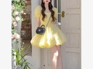 Yellow Summer Dr 2025 Bubble Sve Waist-Cinching Tea Break High-End Feeling ort Dr Polyester Fiber Square Neline