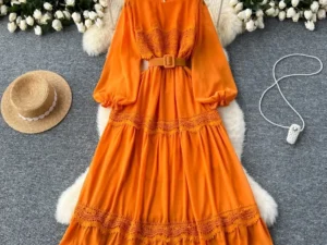 Women's Autumn Waist Sweet Clothing French Vintage O Neck Hollow Out Lace Patchwork Long Lantern Sleeves Korean Fashion Dresses