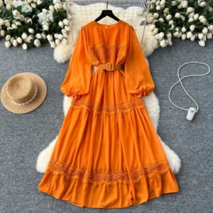 Women's Autumn Waist Sweet Clothing French Vintage O Neck Hollow Out Lace Patchwork Long Lantern Sleeves Korean Fashion Dresses