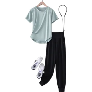 DRUR S-4XL Yoga Set Women Sport Shirts Gym Pants Set 2 Piece Short Fitness Tops Sweatpants Suit Female Summer Sportswear Outfit - Image 4