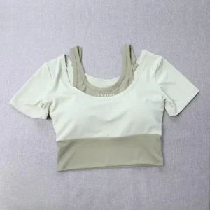 Women's 2-in-1 Built-in Bra Tight Yoga Top Quick-Dry Cropped Workout Shirt Summer Fitness Training Short Sleeve - Image 4