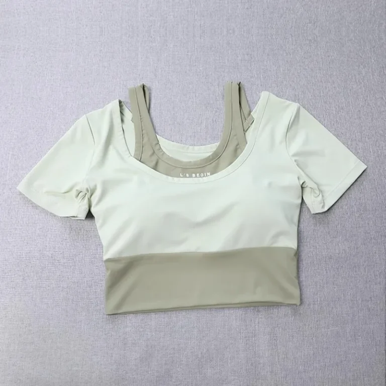 Women's 2-in-1 Built-in Bra Tight Yoga Top Quick-Dry Cropped Workout Shirt Summer Fitness Training Short Sleeve - Image 4