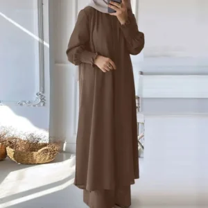 Muslim 2 Piece Women Long Coat Wide Leg Pants Suit Ramadan Morocco Dubai Islam Casual Ensemble Kimono Musulmane Arabic Outfits - Image 3