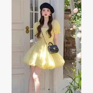 Yellow Summer Dr 2025 Bubble Sve Waist-Cinching Tea Break High-End Feeling ort Dr Polyester Fiber Square Neline - Image 4
