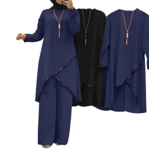 Women Eid Musulman Ensemble Muslim Sets Solid Blouses Wide Leg Pants Ramadan Morocco Two Pieces Dubai Kaftan Loose Modest - Image 6