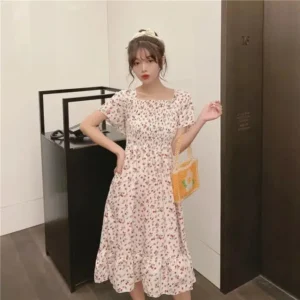 2025 New Spring Summer Dress Women Mini Dresses Female Short Sleeve Elastic Bust Printed Floral Pleated Backless Casual Dress - Image 6