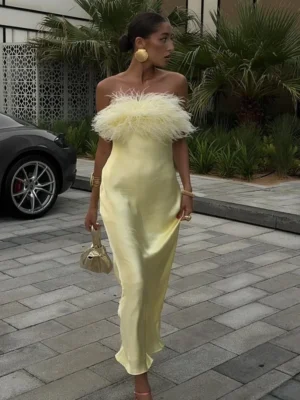 Elegant Yellow Satin Feather Long Vestido Women Sexy Strapless Backless Off Shoulder Slim Fit Dresses 2025 New Party Street Gown