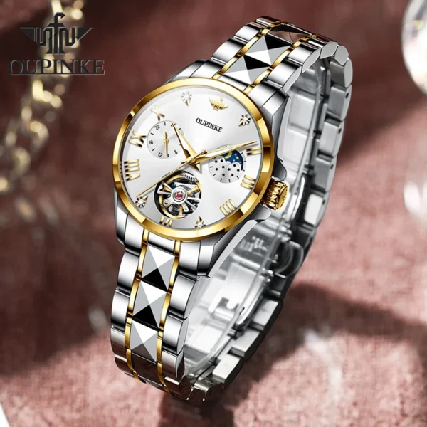 OUPINKE 3202 Women Watch Original Tungsten Steel Moon Phase Waterproof Watch Luxury Swiss Brand Women Automatic Mechanical Watch - Image 3