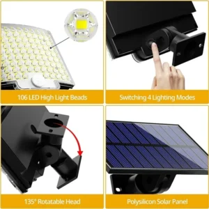 106LED Split Solar Lamp 3 Lighting Mode Outdoor Decoration Sunlight Wall Light PIR Motion Sensor Waterproof Garden Garage Lamp - Image 3