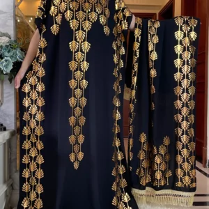 Dubai New Abaya For Women Summer Short Sleeve Cotton Dress Gold Stamping Loose Lady Maxi Islam African Dress With Big Scarf